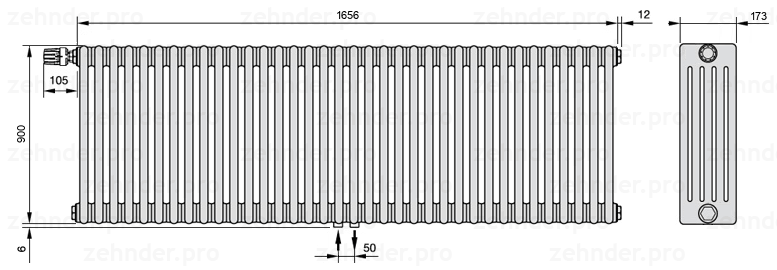 Схема (чертеж) Радиатор Zehnder Charleston 5090/36 №V007 Белый глянцевый RAL 9016
